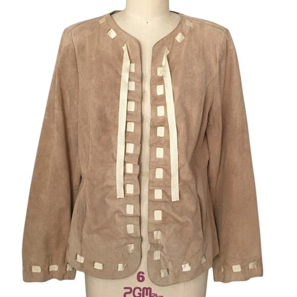 Bradley Bayou Beige Tan Genuine Suede Ribbon Trim Leather Jacket Size Medium - Picture 1 of 12